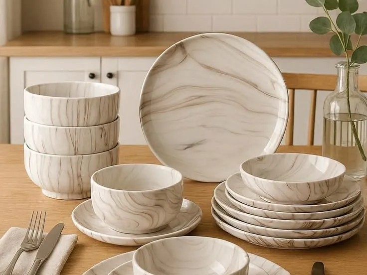 Plan de travail de cuisine avec assiettes et bols effet marbre beige, empilés et dressés