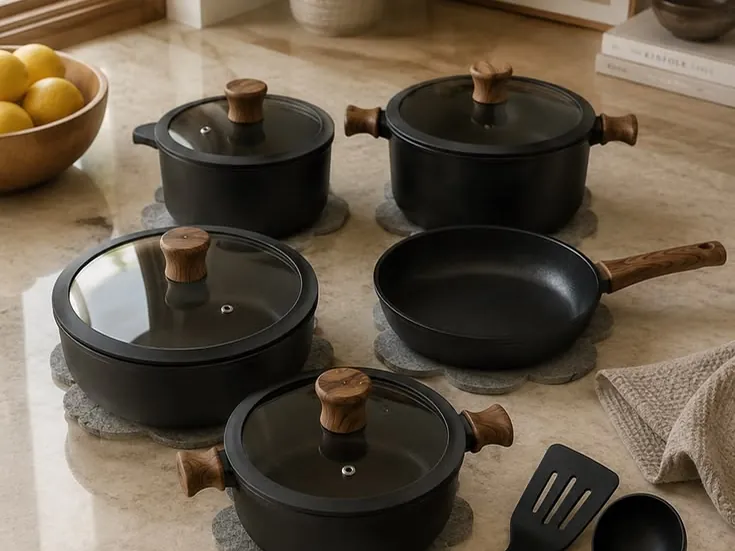 Faitouts et poêle noirs à poignées en bois sur un plan de travail de cuisine