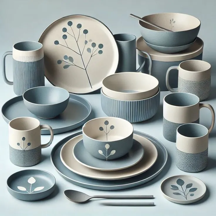Service bleu et crème à motif de branches : assiettes, bols et mugs